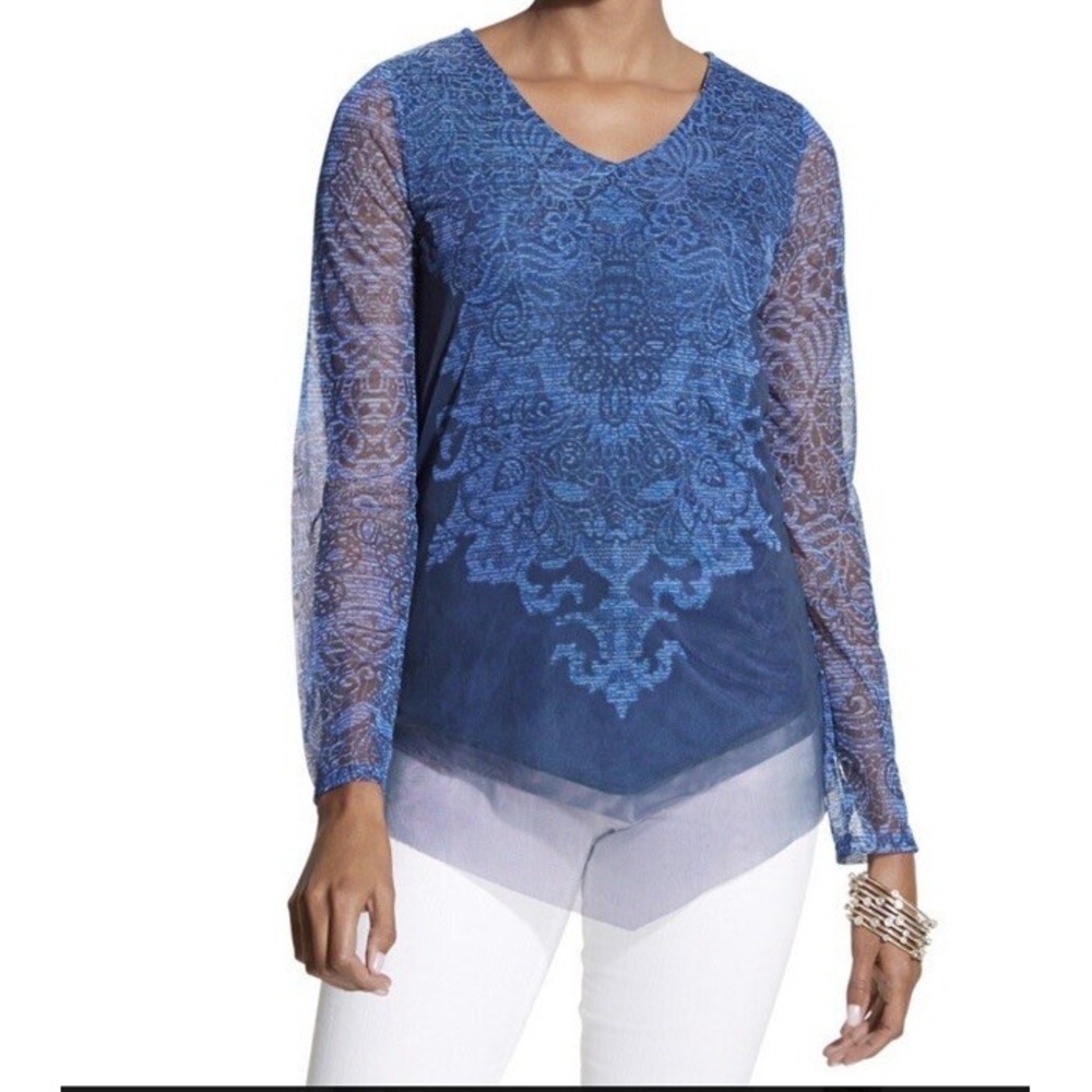 Chicos Paisley Mesh Overlay Long Sleeve Blouse Womens ~ Size 1 ~ Blue Scoop Neck